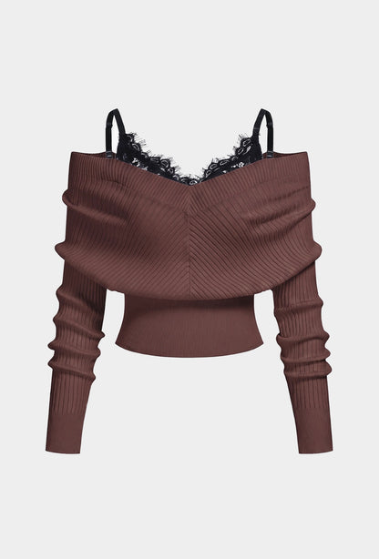 Compleu din 2 piese, bluza și pantaloni maro din piele cu dantelă - alb/maro