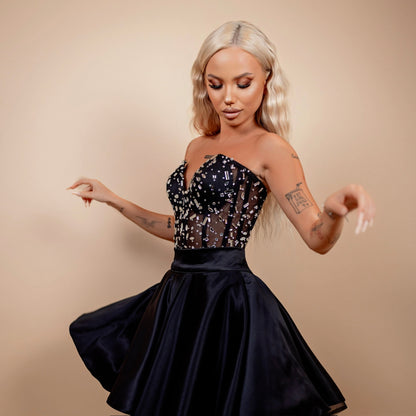 Rochie din 2 piese: corset cu diamante si fusta scurta - negru