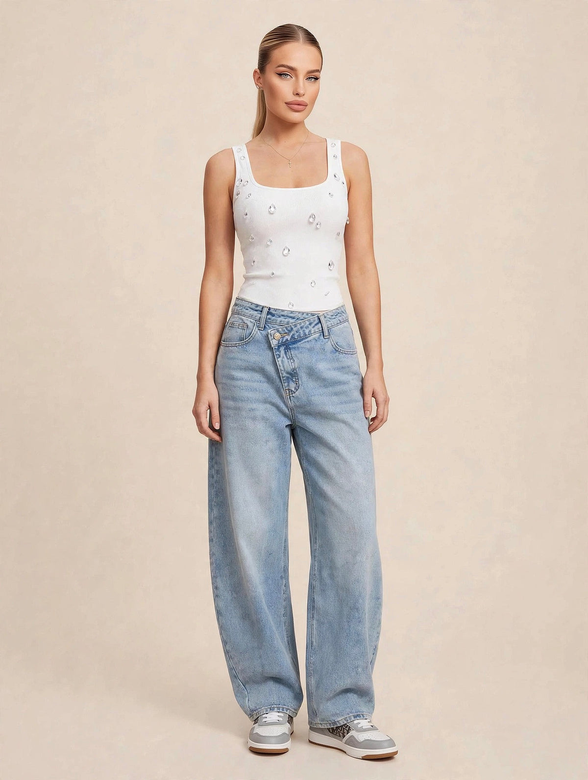 Pantaloni denim cu talie înaltă asimetrică crossover - albastru deschis