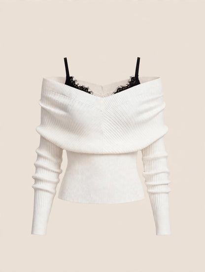 Compleu din 2 piese, bluza și pantaloni maro din piele cu dantelă - alb/maro