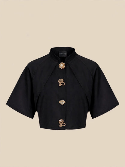 Tricou crop top accesorii metalice - negru