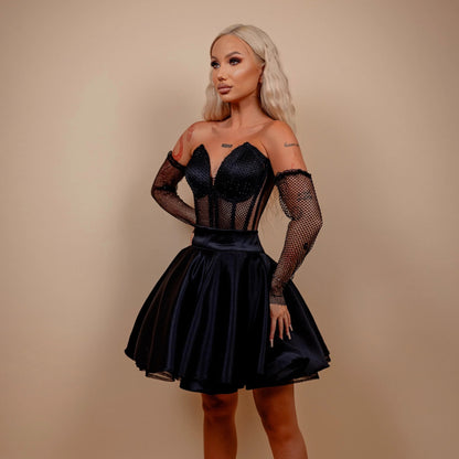Rochie din 3 piese: corset, mănuși si fusta scurta – negru