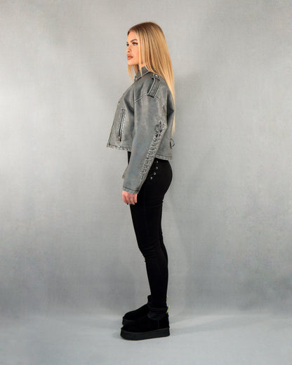 Geacă scurtă din piele cu împletituri - gri