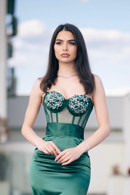 Corset cu pietre și tul transparent – verde smarald