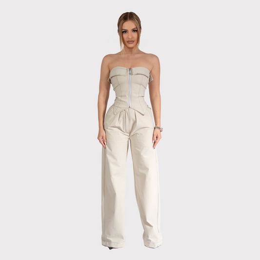 Compleu din 3 piese: corset reglabil, geacă scurtă și pantaloni evazați – crem cu cusături maro