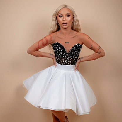 Rochie din 2 piese: corset cu diamante si fusta - alb cu negru