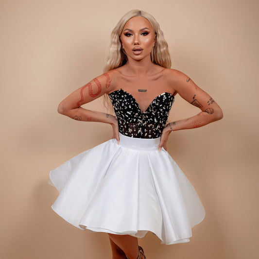 Rochie din 2 piese: corset cu diamante si fusta - alb cu negru
