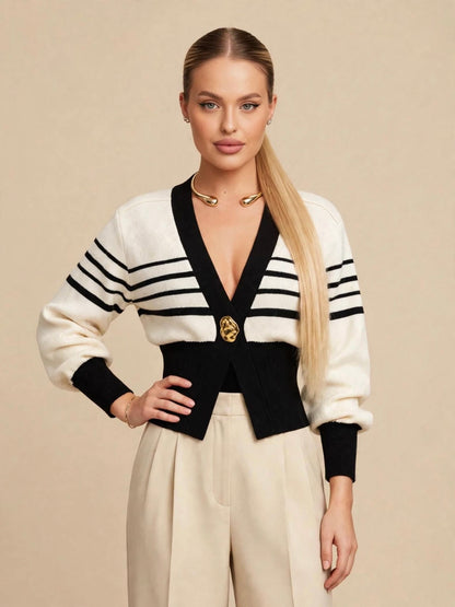 Cardigan cu mânecă lungă și accesoriu auriu - alb/negru
