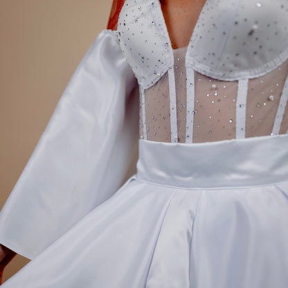 Rochie din 2 piese: corset cu pietre si fusta scurta - alb