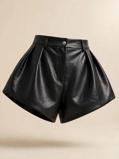 Pantaloni talie înaltă scurți piele - negru