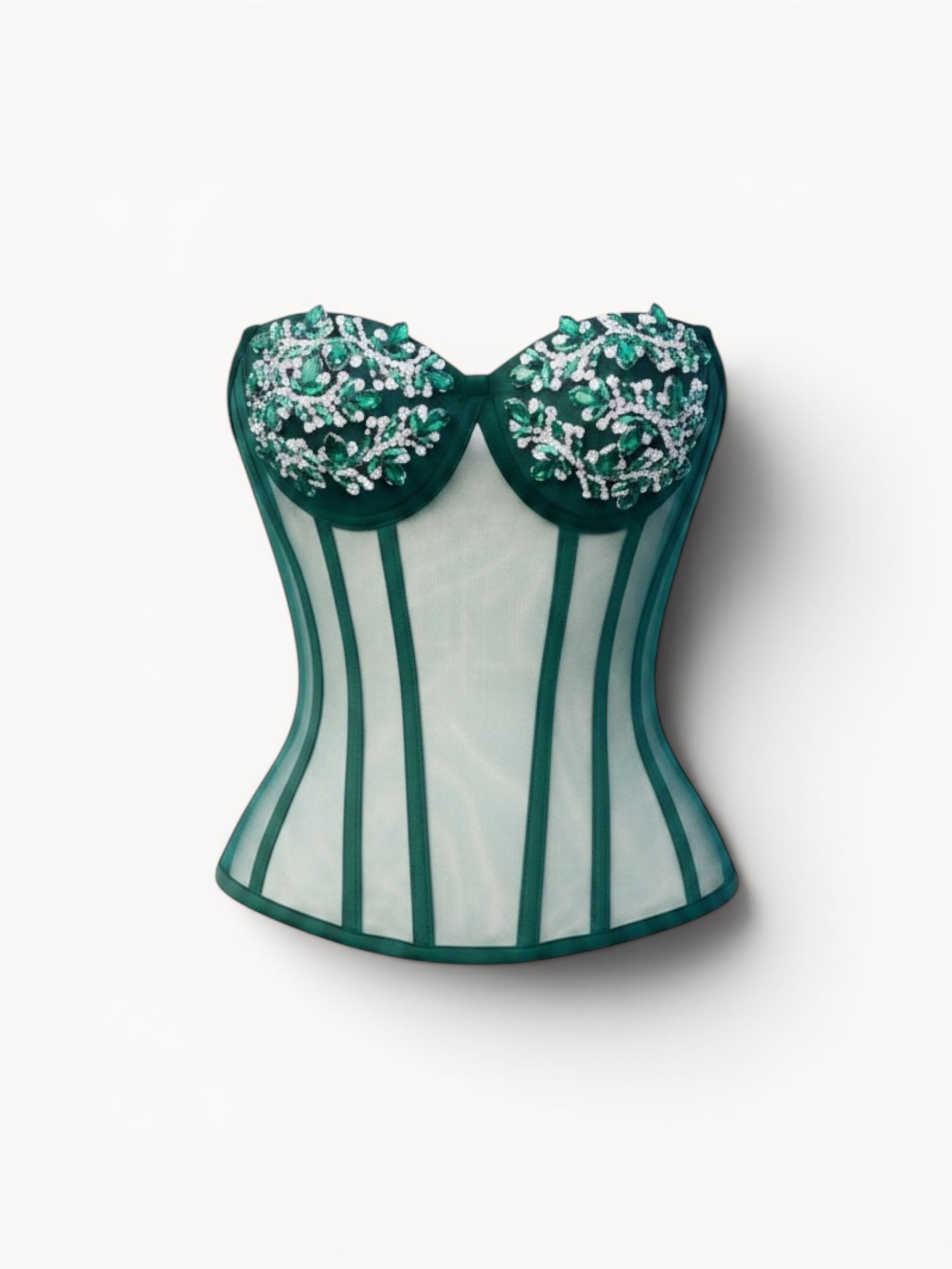 Corset cu pietre și tul transparent – verde smarald