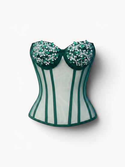 Corset cu pietre și tul transparent – verde smarald