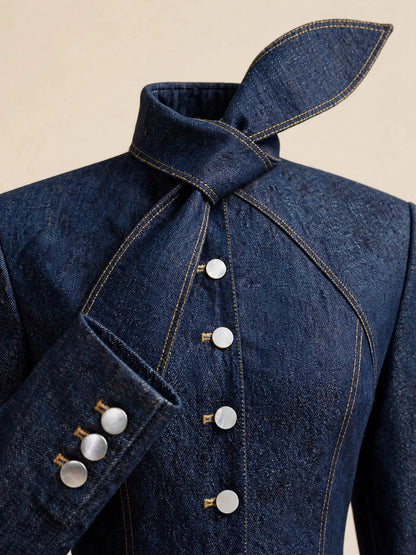 Body cu mânecă lungă, eșarfă twist și nasturi sidefați - denim