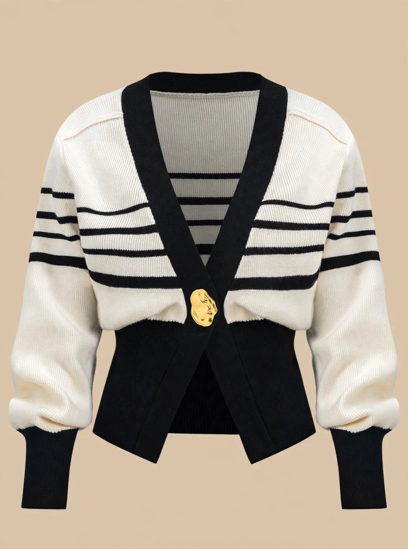 Cardigan cu mânecă lungă și accesoriu auriu - alb/negru