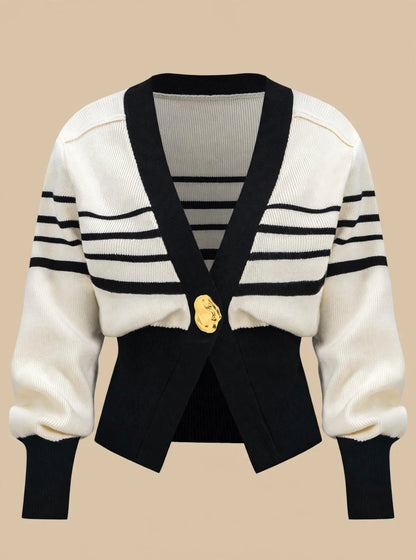 Cardigan cu mânecă lungă și accesoriu auriu - alb/negru