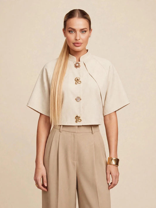 Tricou crop top accesorii metalice - bej