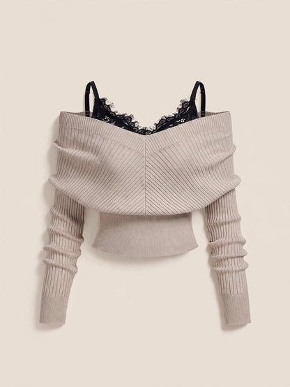 Compleu din 2 piese, bluza și pantaloni maro din piele cu dantelă - crem/maro