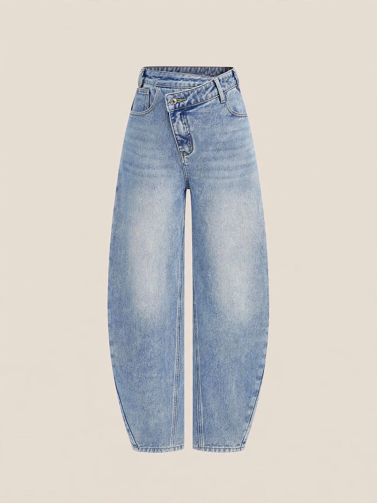 Compleu denim din 2 piese, geacă crop asimetrică cu fermoar și pantaloni barrel cu talie crossover - albastru