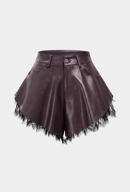 Pantaloni scurți cu talie înaltă și dantelă - maro