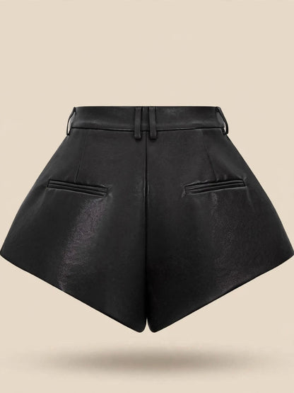 Pantaloni talie înaltă scurți piele - negru