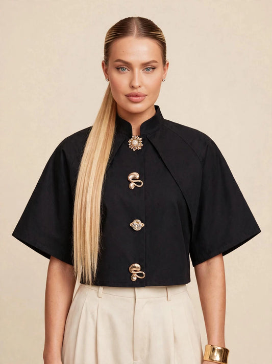 Tricou crop top accesorii metalice - negru