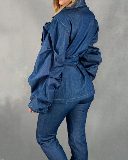 Compleu din 2 piese, geacă și pantalon cu talie normală evazați - denim albastru