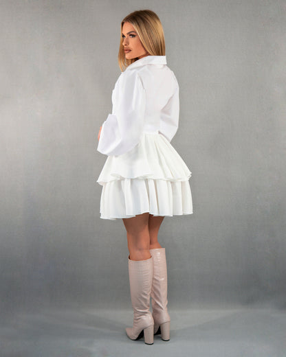 Compleu din 2 piese, cămașă cu mâneci bufante și fusta cu talie înaltă - alb