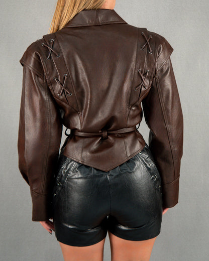 Geacă scurtă din piele cu împletituri - maro