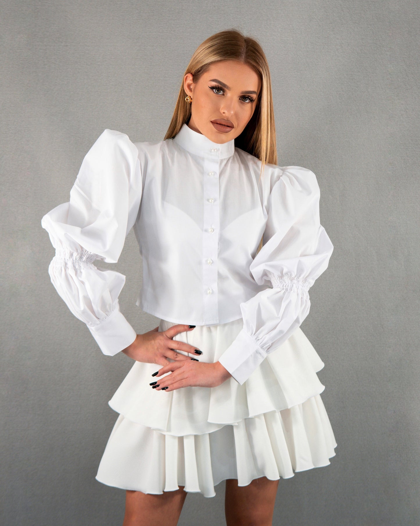 Cămașă scurtă cu guler și mâneci bufante - alb