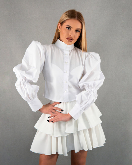 Cămașă scurtă cu guler și mâneci bufante - alb