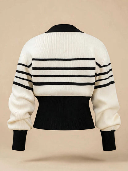 Cardigan cu mânecă lungă și accesoriu auriu - alb/negru