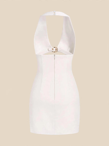 Rochie mini cu decupaje și catarame aurii - alb