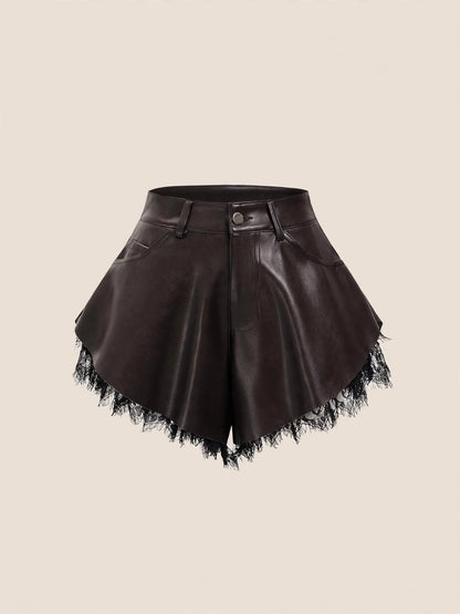 Pantaloni scurți cu talie înaltă și dantelă - maro