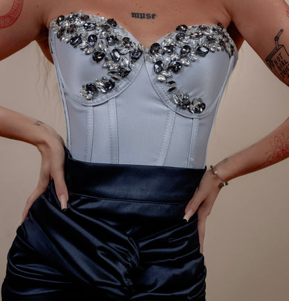 Rochie din 2 piese: corset cu diamante si fusta longa - gri cu negru