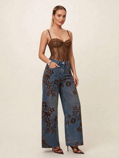 Pantaloni cu talie înaltă denim - maro