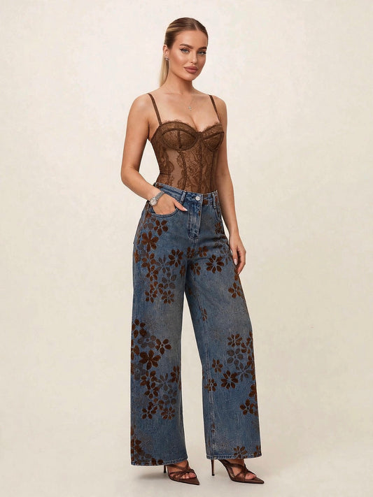 Pantaloni cu talie înaltă denim - maro