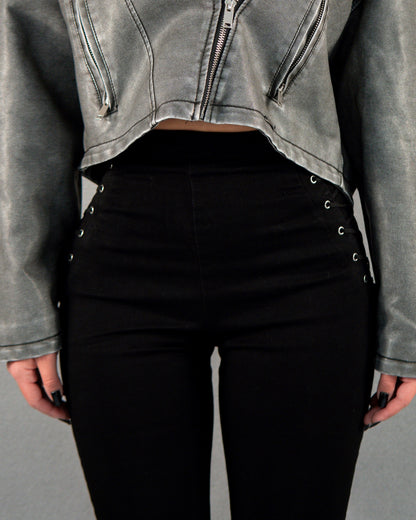 Pantaloni talie înaltă cu împletituri - denim negru