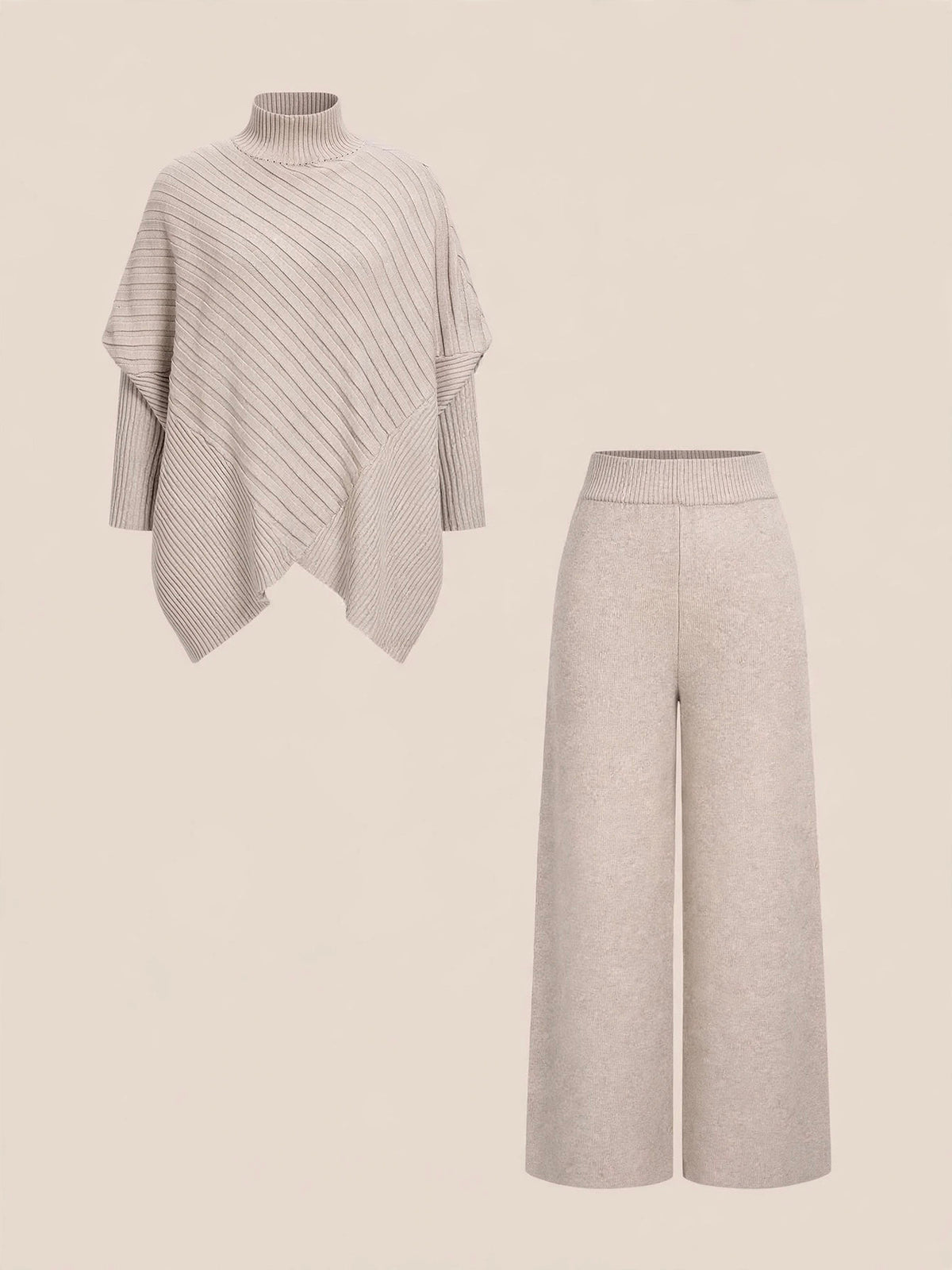 Compleu din 2 piese, bluză tricotată asimetrică cu guler înalt și pantaloni wide-leg cu talie înaltă - crem