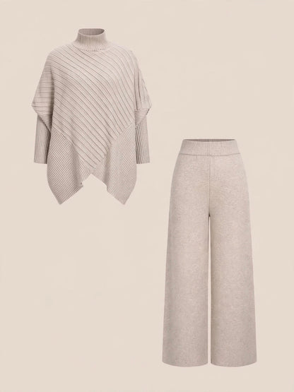 Compleu din 2 piese, bluză tricotată asimetrică cu guler înalt și pantaloni wide-leg cu talie înaltă - crem