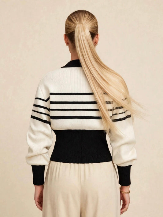 Cardigan cu mânecă lungă și accesoriu auriu - alb/negru