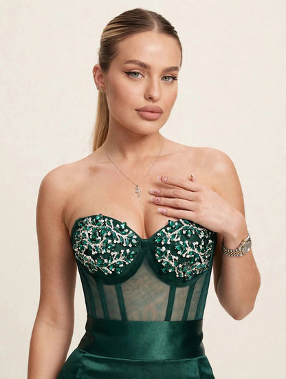 Compleu / rochie din 2 piese: corset cu pietre și fustă lungă – verde smarald