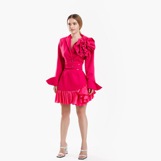 Compleu din 2 piese, sacou cu trandafir detașabil si fusta – roz fucsia