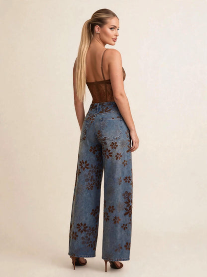 Pantaloni cu talie înaltă denim - maro