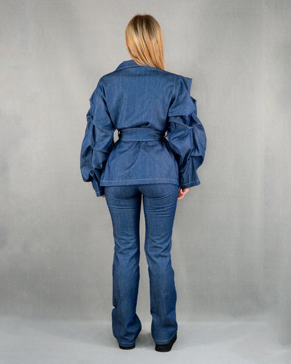 Compleu din 2 piese, geacă și pantalon cu talie normală evazați - denim albastru