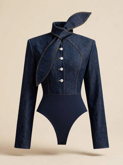 Body cu mânecă lungă, eșarfă twist și nasturi sidefați - denim