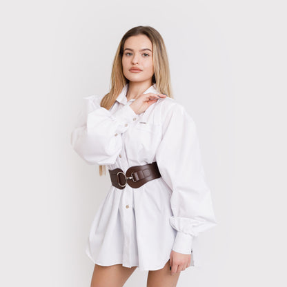 Camasa tip rochie cu curea din piele - alba