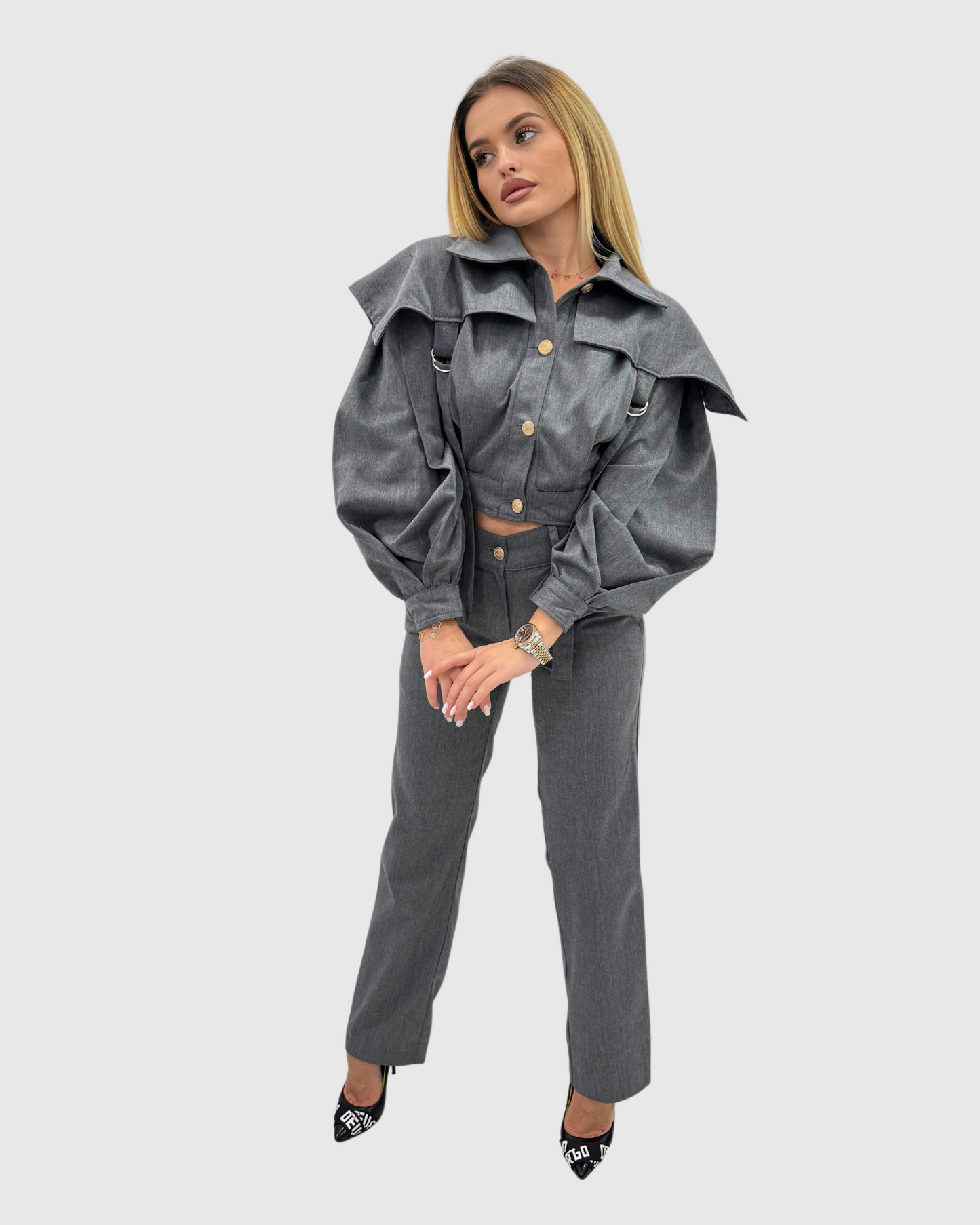 Compleu din 2 piese, sacou ajustabil cu pelerină si pantaloni lungi cu push-up - gri 