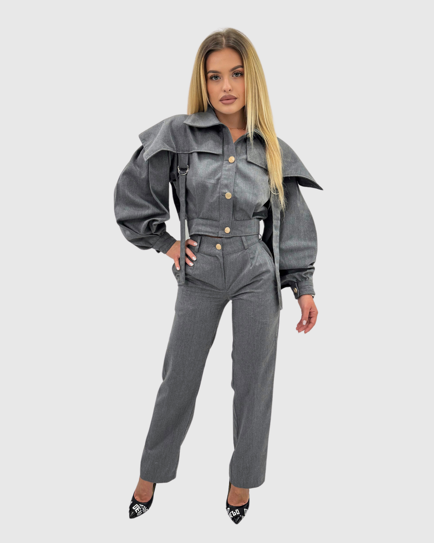 Compleu din 2 piese, sacou ajustabil cu pelerină si pantaloni lungi cu push-up - gri 