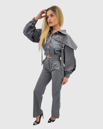 Compleu din 2 piese, sacou ajustabil cu pelerină si pantaloni lungi cu push-up - gri 