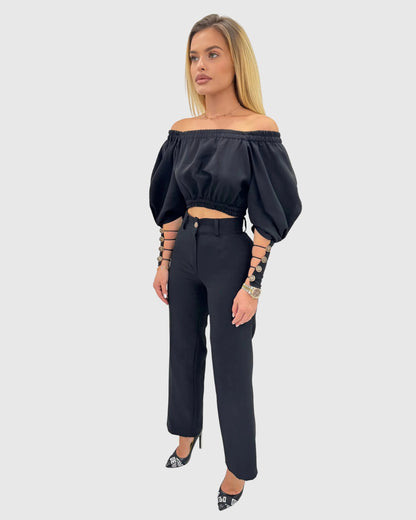 Compleu din 2 piese, bluză cu mâneci voluminoase și pantaloni lungi cu push-up – negru
